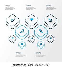 Iconos de conexión coloreados con lápiz selfie, conector de 9 pines, teléfono de llamada y otros elementos de contacto. Iconos de conexión de ilustración vectorial aislados.