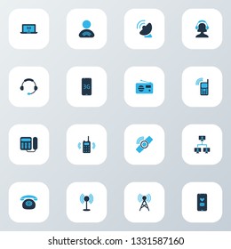 Connection icons colored set with walkie-talkie, fm, landing telephone computing system elements. Isolated vector illustration connection icons.