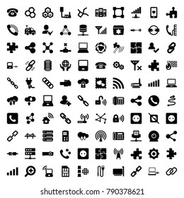 Connection icons. set of 100 editable filled connection icons such as puzzle, plug socket, desk phone, call, add user, chain, laptop, share, chemical structure