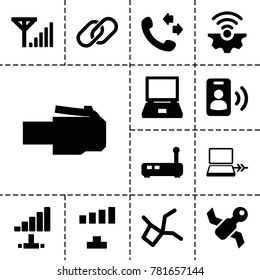 Connection icons. set of 13 editable filled connection icons such as signal, call, laptop, satellite, router, phone cable, mobile signal