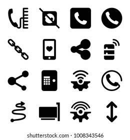 Connection icons. set of 16 editable filled connection icons such as call, share, no plug, chain, heart mobile, arrow, server, curved arrow, phone
