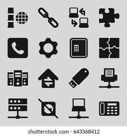 Connection icons set. set of 16 connection filled icons such as atm, puzzle, desk phone, chain, flash drive, call, gear, no plug, laptop, server