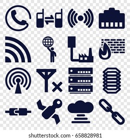 Connection icons set. set of 16 connection filled icons such as call, chain, connected phone, signal, no signal, electric circuit, man holding globe, satellite, server