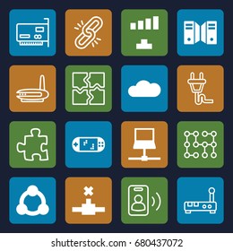 Connection icons set. set of 16 connection filled and outline icons such as signal, cloud, portable game console, server, puzzle, plug, call, electric circuit, laptop, chain