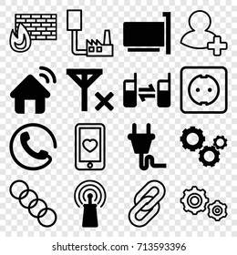 Connection icons set. set of 16 connection filled and outline icons such as call, signal, connected phone, plug, gear, house signal, no signal, heart mobile, add friend