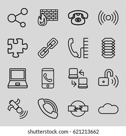 Connection icons set. set of 16 connection outline icons such as puzzle, call, share, satellite, cloud, opened security lock, laptop connection, phone, electric circuit, chain