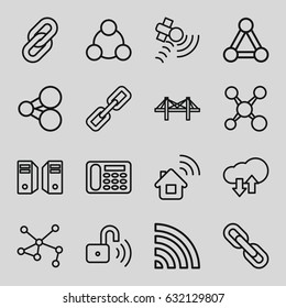 Connection icons set. set of 16 connection outline icons such as desk phone, bridge, satellite, wi-fi, opened security lock, download upload cloud, chain, server, share