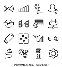 Connection icons set. set of 16 connection outline icons such as puzzle, add friend, connected phone, flash drive, plug, signal, gear, curved arrow, router, mobile signal