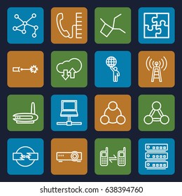 Connection icons set. set of 16 connection outline icons such as connected phone, puzzle, phone, electric circuit, router, download upload cloud, man holding globe