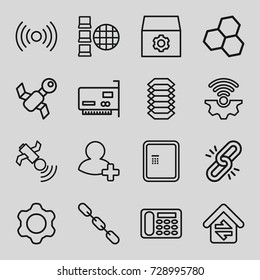 Connection icons set. set of 16 connection outline icons such as atm, gear, desk phone, chain, add friend, satellite, electric circuit, chemical structure, signal