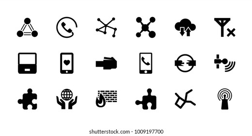 Connection icons. set of 18 editable filled connection icons: laptop, share, heart mobile, signal, brick wall fire, phone cable, cable, no signal, call, puzzle