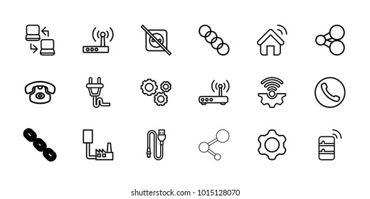 Connection icons. set of 18 editable outline connection icons: share, desk phone, no plug, call, wire, plug, router, gear, server, house signal