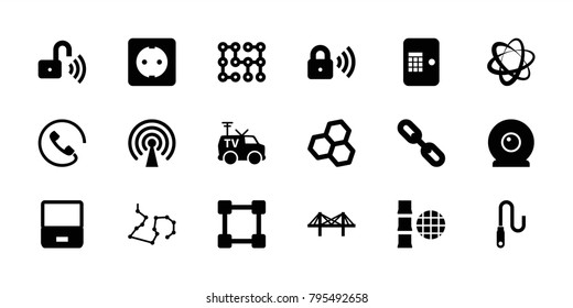 Connection icons. set of 18 editable filled connection icons: laptop, chemical structure, bridge, tv van, link, internet, wire, plug socket, security lock