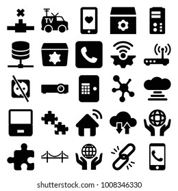 Connection icons. set of 25 editable filled connection icons such as gear, puzzle, laptop, chain, phone call, holding globe, heart mobile, tv van, server, call, router