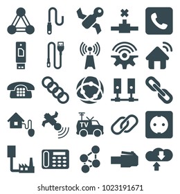 Connection icons. set of 25 editable filled connection icons such as desk phone, satellite, tv van, server, download cloud, usb drive, phone cable, call, wire, smart home