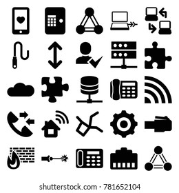 Connection icons. set of 25 editable filled connection icons such as desk phone, puzzle, heart mobile, server, signal, brick wall fire, phone cable, wire, cloud