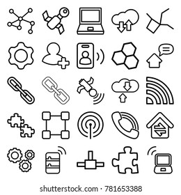 Connection icons. set of 25 editable outline connection icons such as laptop, puzzle, chemical structure, satellite, call, chain, add friend, download cloud, signal
