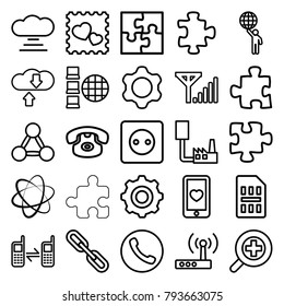 Connection icons. set of 25 editable outline connection icons such as puzzle, plug socket, desk phone, heart mobile, photo with heart, call, chain, connected phone