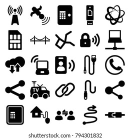 Connection icons. set of 25 editable filled connection icons such as call, atm, share, satellite, tv van, network connection, laptop, usb drive, plug in power socket, wire