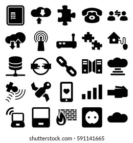 connection icons set. Set of 25 connection filled icons such as atm, puzzle, heart mobile, signal, satellite, cloud, smart home, plug socket, user communicatrion