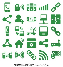 Connection icons set. set of 25 connection filled icons such as puzzle, gear, share, add friend, connected phone, security lock, router, signal, house signal