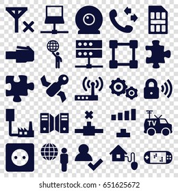 Connection icons set. set of 25 connection filled icons such as puzzle, plug socket, signal, call, tv van, smart home, security lock, web camera, sim card, gear    sign symb