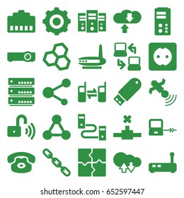 Connection icons set. set of 25 connection filled icons such as puzzle, chain, share, satellite, connected phone, flash drive, plug socket, opened security lock