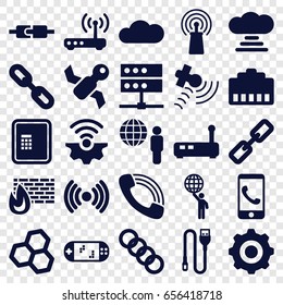 Connection icons set. set of 25 connection filled icons such as atm, signal, satellite, call, wire, cloud, router, gear    sign symb, portable game console, chain