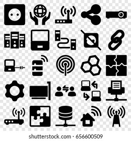 Connection icons set. set of 25 connection filled icons such as plug socket, puzzle, holding globe, router, gear, user communicatrion, signal, server, transmitter, no plug
