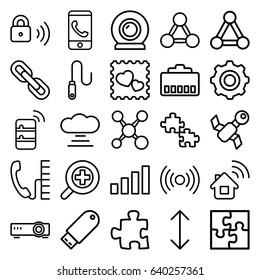 Connection icons set. set of 25 connection outline icons such as photo with heart, flash drive, wire, zoom in, security lock, web camera, puzzle, gear    sign symb, arrow