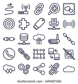 Connection icons set. set of 25 connection outline icons such as puzzle, chain, photo with heart, flash drive, cloud, zoom in, gear, signal, curved arrow, router
