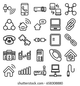 Connection icons set. set of 25 connection outline icons such as atm, call, connected phone, wire, signal, home message, house signal, router, phone call, share, desk phone