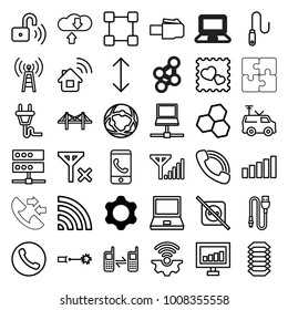 Connection icons. set of 36 editable outline connection icons such as gear, signal, laptop, chemical structure, phone call, transmitter, no plug, bridge, photo with heart