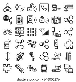 Connection icons set. set of 36 connection outline icons such as puzzle, share, call, wire, security lock, opened security lock, router, sim card, gear, gear    sign symb