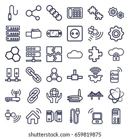 Connection icons set. set of 36 connection outline icons such as puzzle, plug socket, desk phone, holding globe, bridge, satellite, share, wire, cloud, router