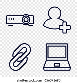Connection icons set. set of 4 connection outline icons such as add friend, router, laptop