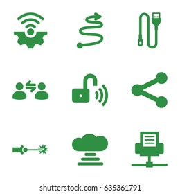 Connection icons set. set of 9 connection filled icons such as wire, opened security lock, user communicatrion, curved arrow, electric circuit