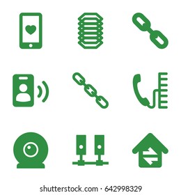 Connection icons set. set of 9 connection filled icons such as chain, heart mobile, home connection, web camera, call, phone, electric circuit, server