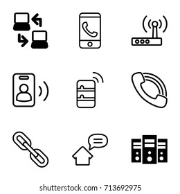 Connection icons set. set of 9 connection filled and outline icons such as laptop connection, call, home message, server, router, phone call