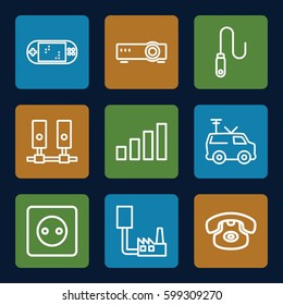 connection icons set. Set of 9 connection outline icons such as plug socket, TV van, wire, portable game console, signal, router, desk phone, server