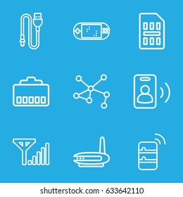 Connection icons set. set of 9 connection outline icons such as connection, wire, sim card, server, call, portable game console, mobile signal, router