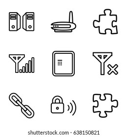 Connection icons set. set of 9 connection outline icons such as atm, puzzle, security lock, no signal, mobile signal, server, router