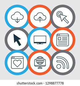Connection icons set with browser, upload, mouse click and other download elements. Isolated vector illustration connection icons.
