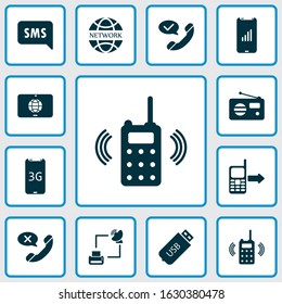 Connection icons set with cancel call, sms notification, fm and other mailbox elements. Isolated vector illustration connection icons.