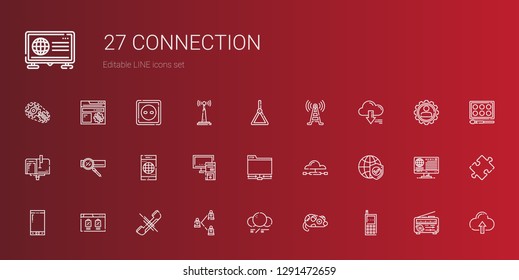 connection icons set. Collection of connection with cellphone, mouse, molecule, network, phone, browser, smartphone, internet, cloud computing. Editable and scalable connection icons.