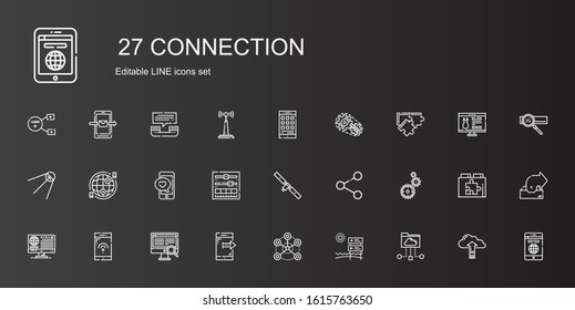 connection icons set. Collection of connection with cloud folder, signal, network, smartphone, computer, news, settings, share, satellite. Editable and scalable connection icons.