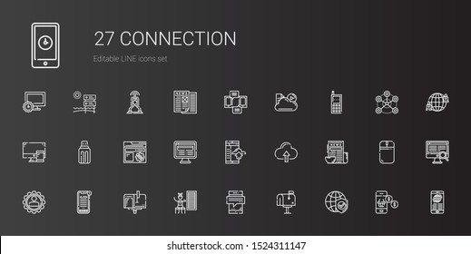 connection icons set. Collection of connection with internet, mailbox, smartphone, infrared, news, settings, cloud computing, usb, computer. Editable and scalable connection icons.