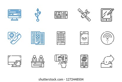 connection icons set. Collection of connection with outbox, news, smartphone, computer, wifi, telephone, tablet, satellite, usb. Editable and scalable connection icons.