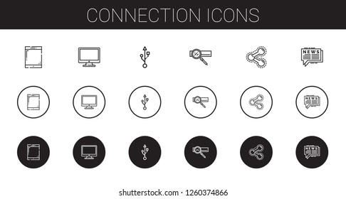 connection icons set. Collection of connection with tablet, computer, usb, search engine, share, news. Editable and scalable connection icons.
