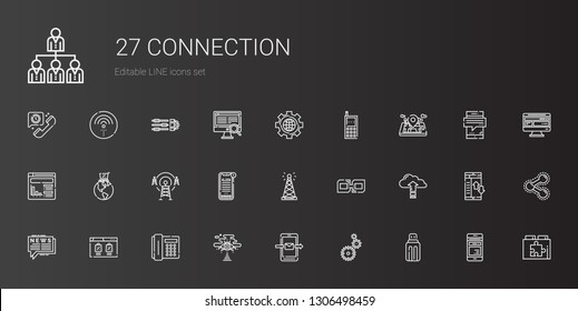 connection icons set. Collection of connection with usb, settings, smartphone, cloud computing, telephone, browser, news, link, antenna. Editable and scalable connection icons.